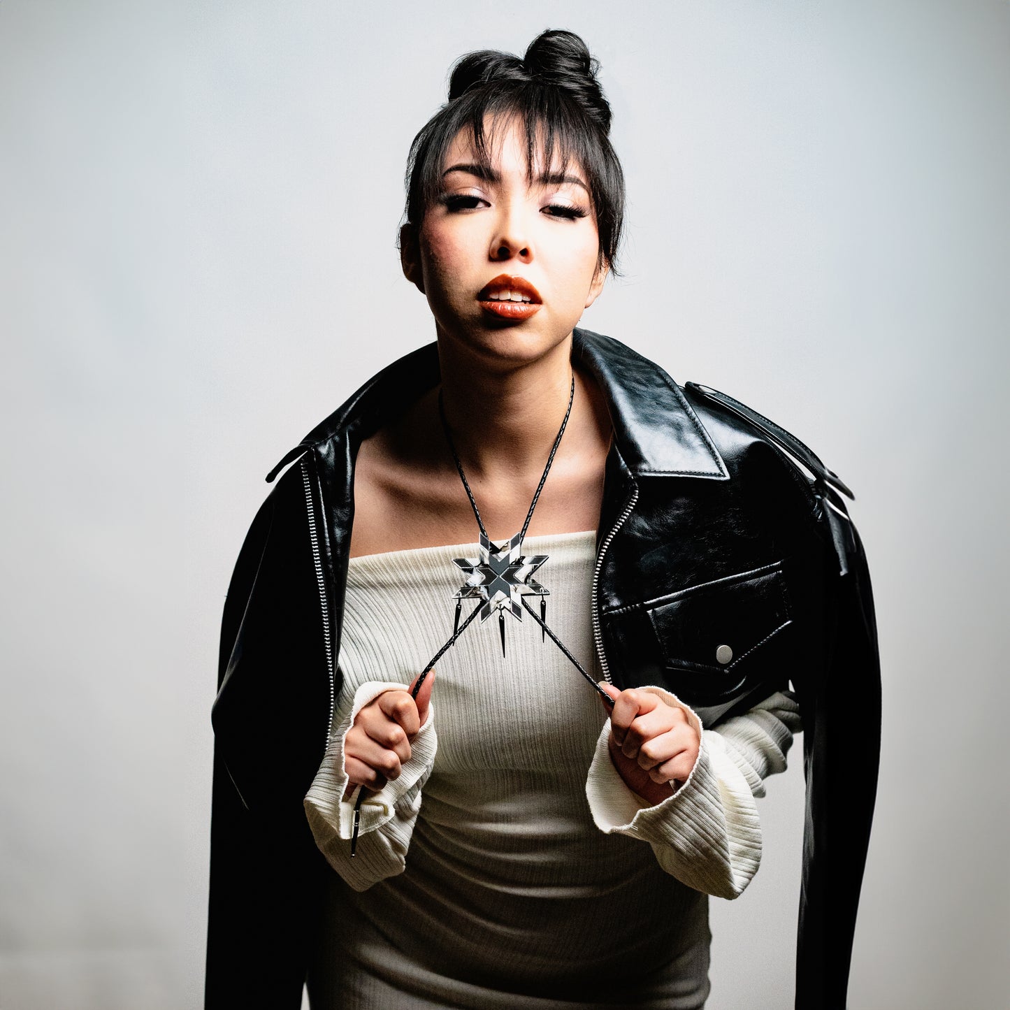 Star Blanket Bolo Tie with Spikes // Marble, Matte Black and Silver