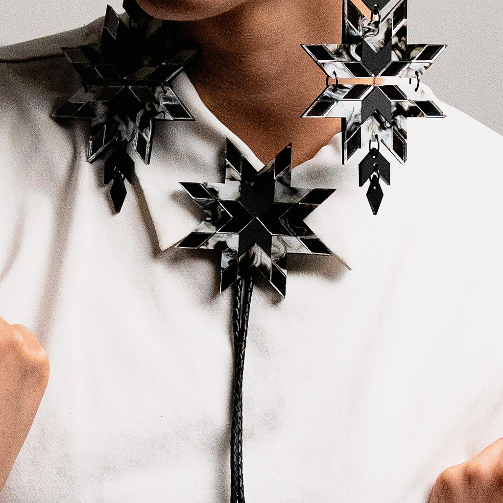 Star Blanket Bolo Tie // Marble + Matte Black + Silver Mirror