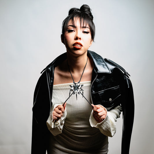Star Blanket Bolo Tie with Spikes // Marble, Matte Black and Silver