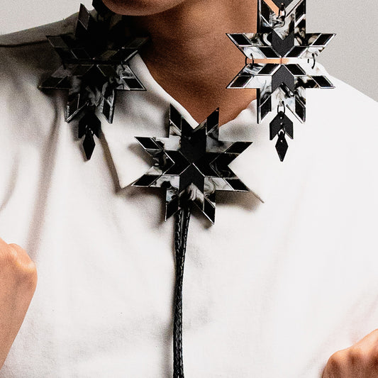 Star Blanket Bolo Tie // Marble, Matte Black and Silver Mirror